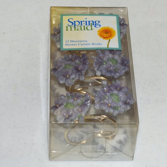NOB Vintage Springmaid Purple Flower Set of (12) Decorative Shower Curtain Hooks - Picture 1 of 5